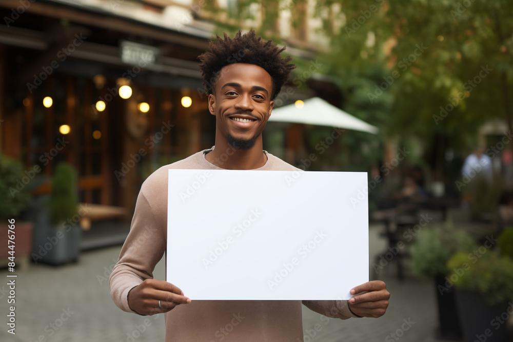 Young African American man holding an empty placard Young African American man holding an empty placard