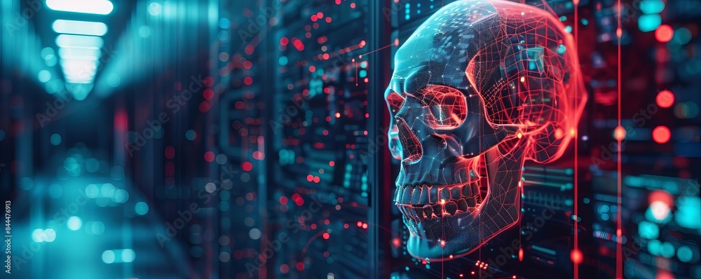 Futuristic cyber skull in a data center, symbolizing cyber threats and digital security concerns in a high-tech environment.