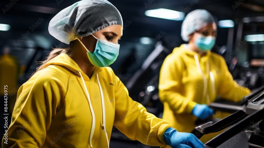 cleaners dressed in yellow jackets, gloves and hats. They wash and clean the sports hall cleaners dressed in yellow jackets, gloves and hats. They wash and clean the sports hall