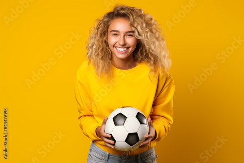 Young pretty blonde girl over isolated colorful background holding soccer ball © luismolinero