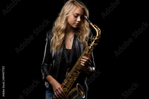 Young pretty blonde girl over isolated black background playing the saxophone