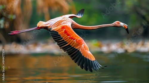 Colorful flamingo by the water. Flamingo bird as a wall decoration. Bird wallpaper. Flamingo's graceful wings in flight. Wall art of a flamingo. Migrant bird found in India's Bhigwan.