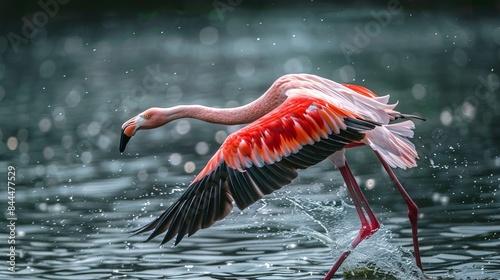 Colorful flamingo by the water. Flamingo bird as a wall decoration. Bird wallpaper. Flamingo's graceful wings in flight. Wall art of a flamingo. Migrant bird found in India's Bhigwan. photo