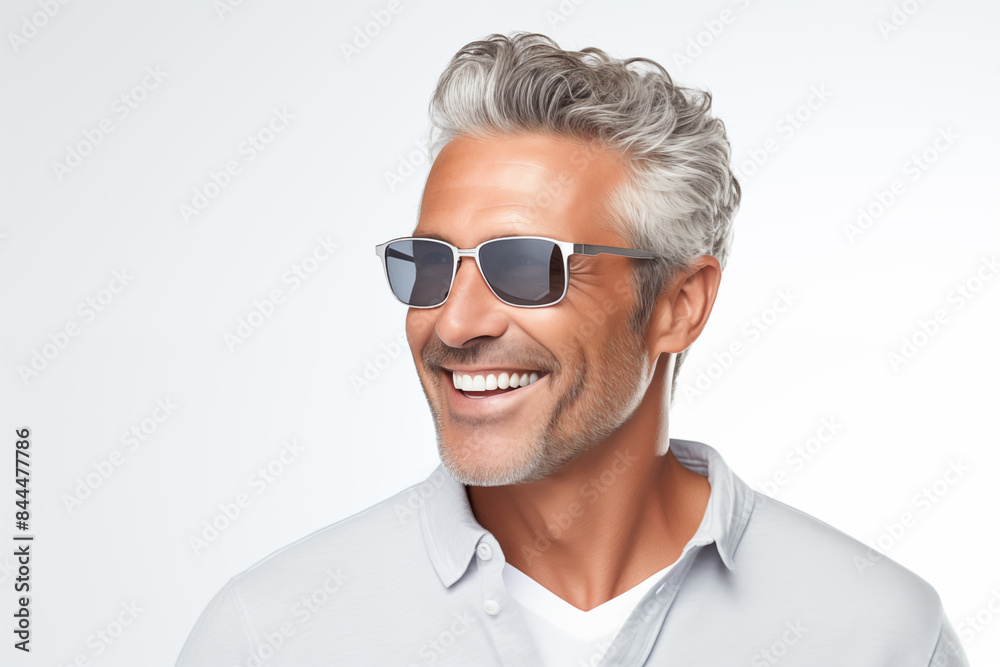 Middle aged man over isolated white background with sunglasses Middle aged man over isolated white background with sunglasses