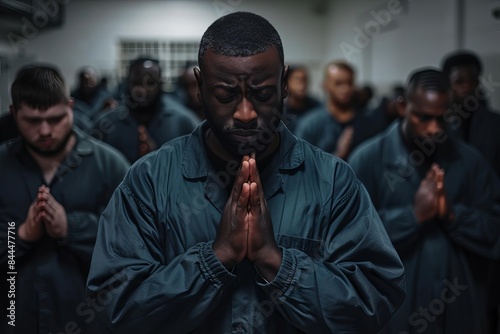 Group of men in prison uniforms meditating with hands in prayer pose, emphasizing mindfulness, reflection, and rehabilitation.
