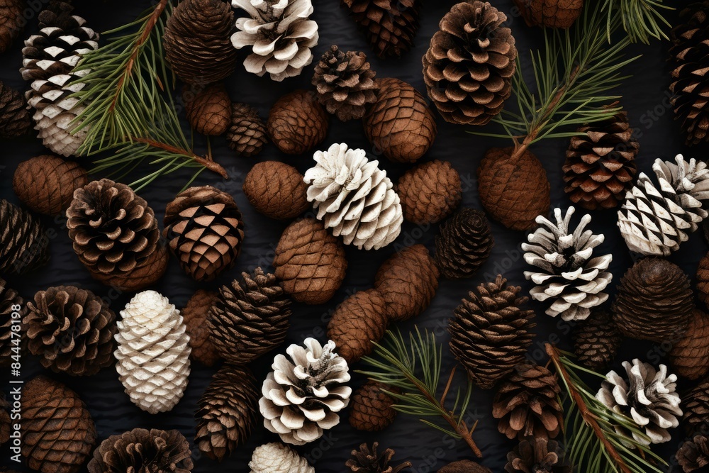 Obraz premium Top view of various pine cones and pine needles artfully arranged on a dark background