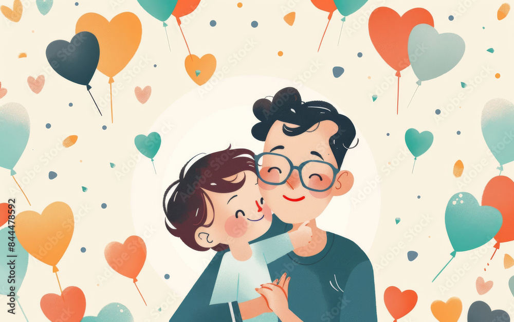 A man and a child are hugging each other in a drawing of balloons