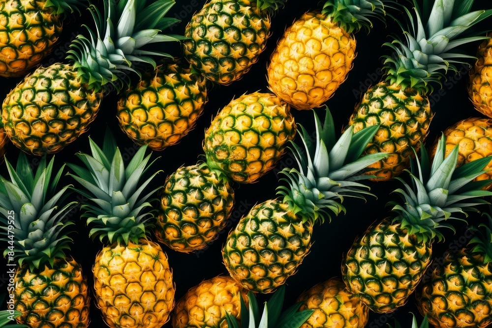 Vibrant array of ripe pineapples arranged closely on a dark backdrop Vibrant array of ripe pineapples arranged closely on a dark backdrop