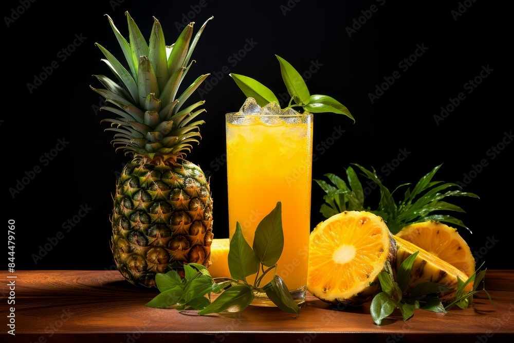 Chilled pineapple juice with ice cubes and fresh pineapple, basil garnish on a dark background Chilled pineapple juice with ice cubes and fresh pineapple, basil garnish on a dark background