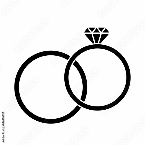 Icon of two rings with diamond or other gem. Engagement or marriage ring, jewelry. Set of rings. Vector black symbol, sign.
