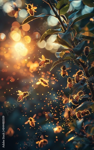 A swarm of bees flying around a plant with a blurred background of sunlight and bokeh. photo