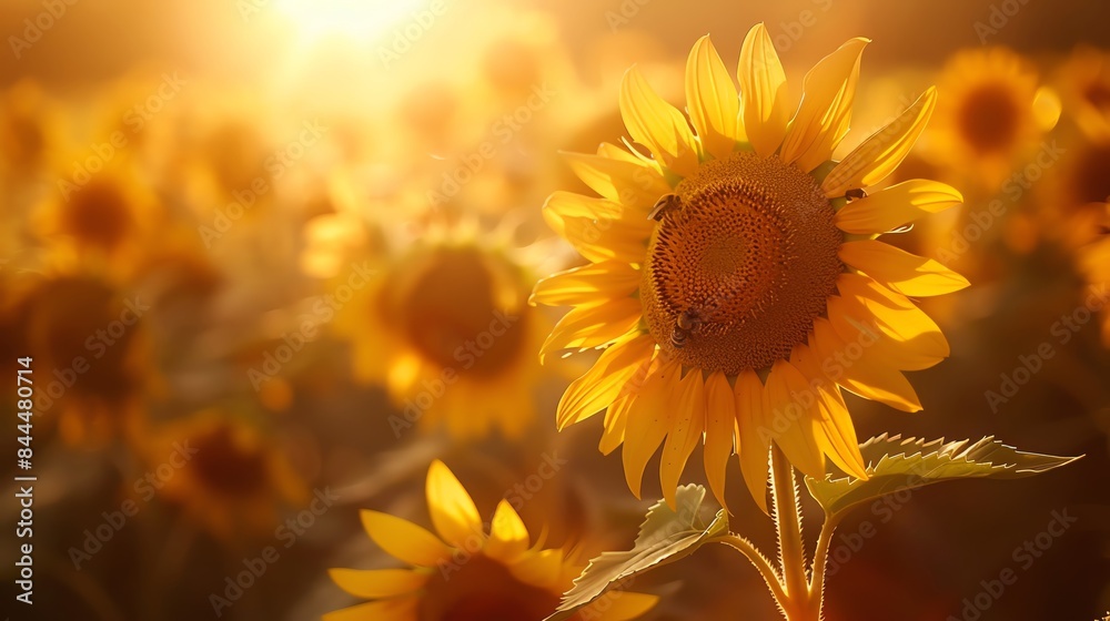 Fototapeta premium A field of sunflowers bathed in warm golden sunlight. The flowers are in full bloom and facing the sun.
