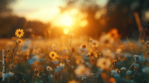 A field of wildflowers bathed in the warm glow of the setting sun.
