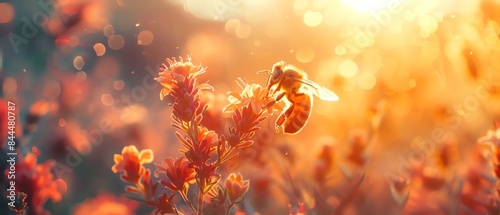 A bee collects pollen from a flower in a field of golden light. photo