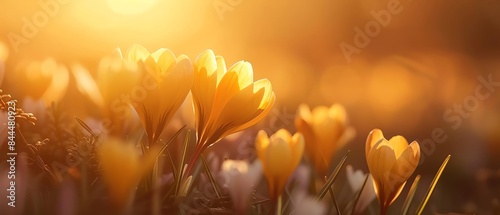 Soft focus image of yellow flowers in warm sunlight.