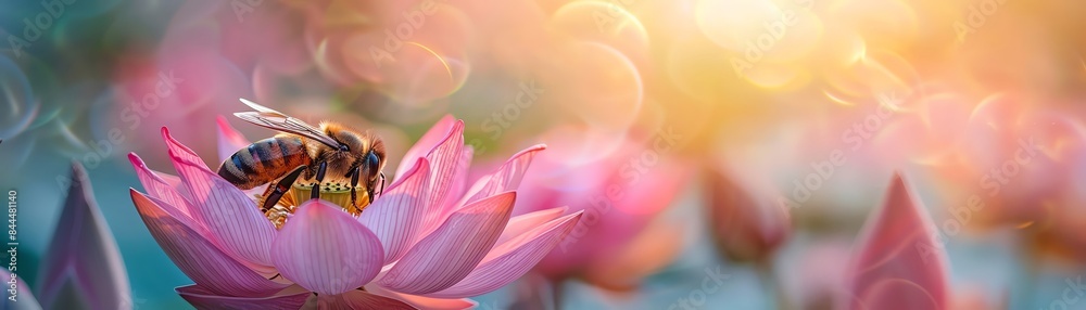 Fototapeta premium A bee gathers pollen from a pink flower in a field of soft, colorful blooms.