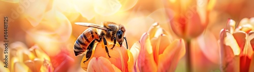 A bee gathers pollen from a bright orange flower. photo