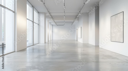 A minimalist gallery space with white walls and minimal decor, offering a clean and elegant setting for displaying artwork or promotional materials.