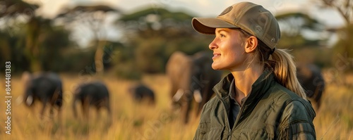 Woman in safari attire looking at elephants in the African savannah during sunset, showcasing a serene wildlife scene and conservation effort. photo