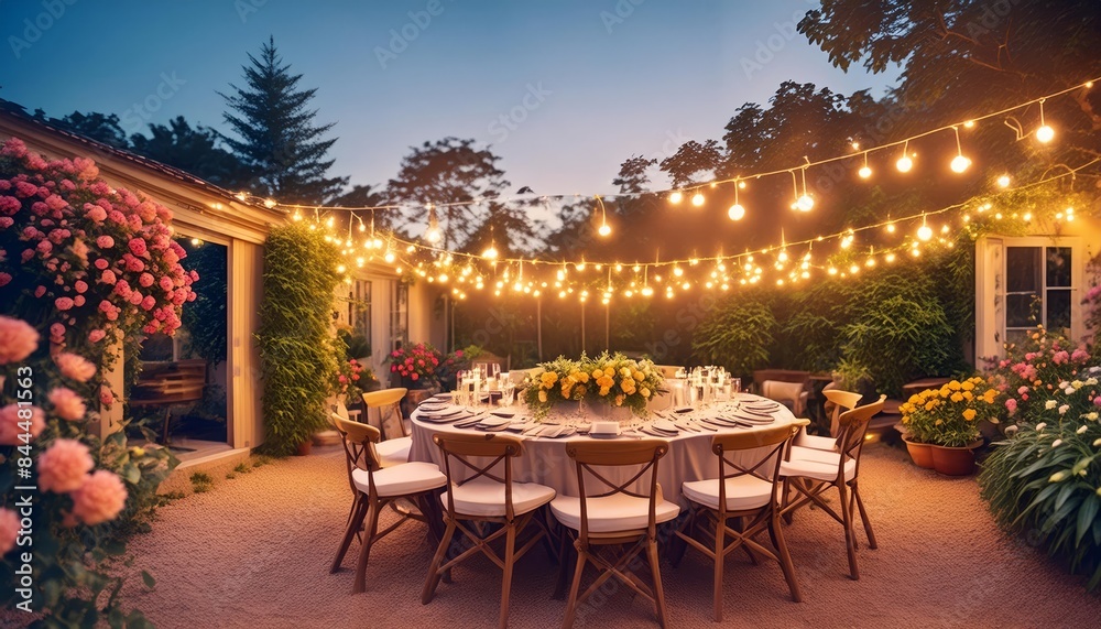 custom made wallpaper toronto digitalAn elegant outdoor dinner party set in a beautifully decorated garden. A long table adorned with flowers, candles, and string lights creates a warm and inviting atmosphere.