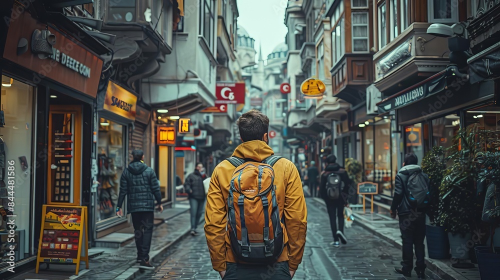 Traveler with a backpack walking through a vibrant, narrow street full of shops and people in an urban setting. Traveler with a backpack walking through a vibrant, narrow street full of shops and people in an urban setting.