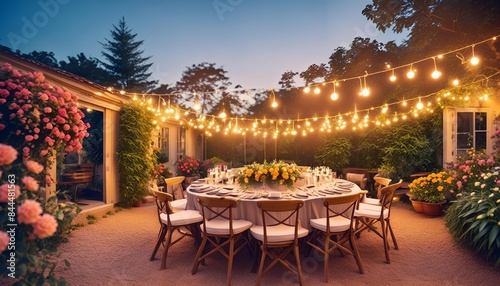 Wallpaper Mural An elegant outdoor dinner party set in a beautifully decorated garden. A long table adorned with flowers, candles, and string lights creates a warm and inviting atmosphere.  Torontodigital.ca