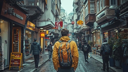 Traveler with a backpack walking through a vibrant, narrow street full of shops and people in an urban setting.