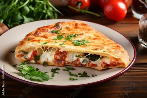 Hot calzone with gooey cheese and fresh herbs on a wooden table, italian cuisine