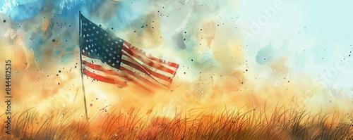 Flag Is Flying In The Wind On A Field, American Independence ,Watercolor Illustration.