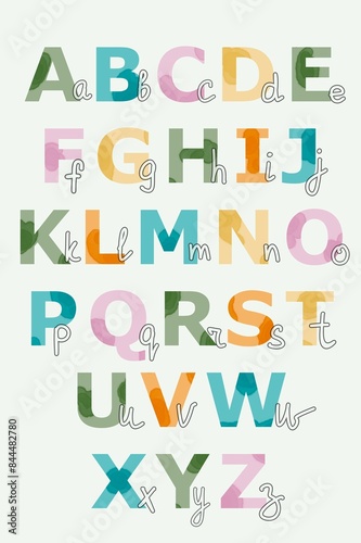 Colorful pastel alphabet poster with watercolor spots and with lowercase letters for wall decor at nursery, 15.7x23.6 inch