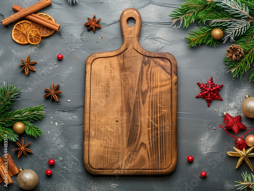 Flatlay eco Christmas square charcuterie board timber POD mockup tree star decor wooden blank grazing food serving board dark grey background minimal rustic Xmas minimal laser engrave diy templete photo