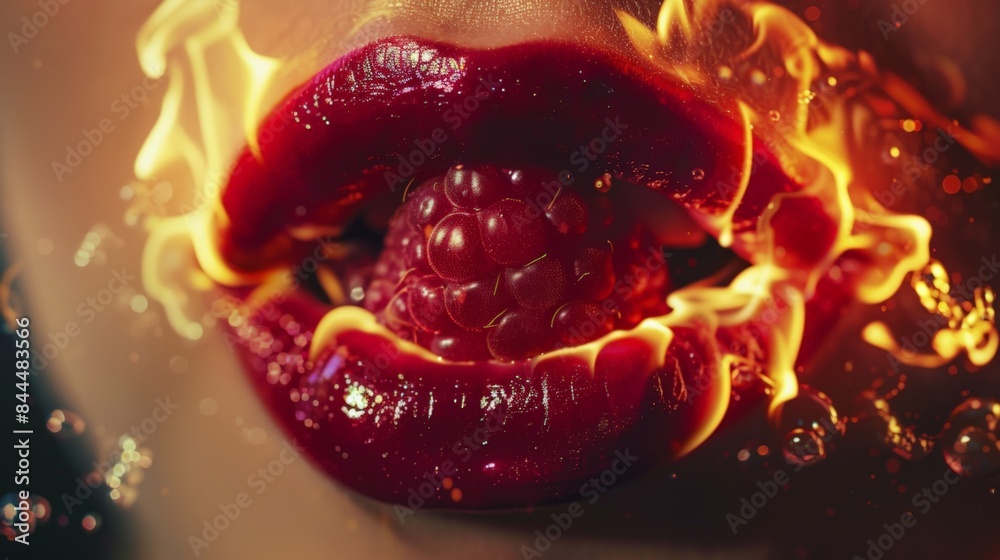 The image presents a macro shot emphasizing lustrous, full lips slightly open as they sensually interact with a ripe, glistening raspberry. With the addition of a dynamic, digitally-rendered flame eff The image presents a macro shot emphasizing lustrous, full lips slightly open as they sensually interact with a ripe, glistening raspberry. With the addition of a dynamic, digitally-rendered flame eff