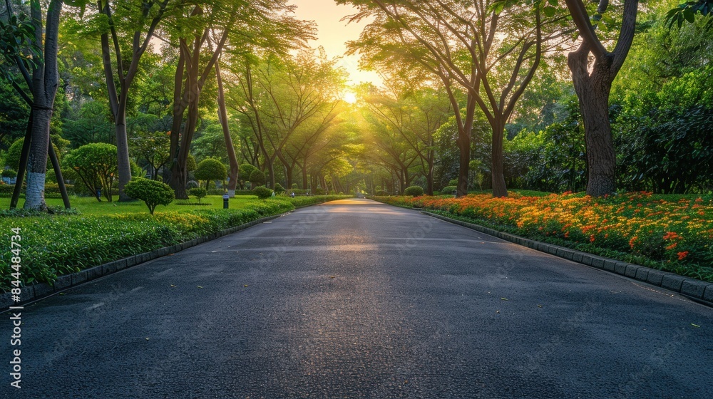 Obraz premium Empty street garden at and tarmac floor. sunrise. AI generated