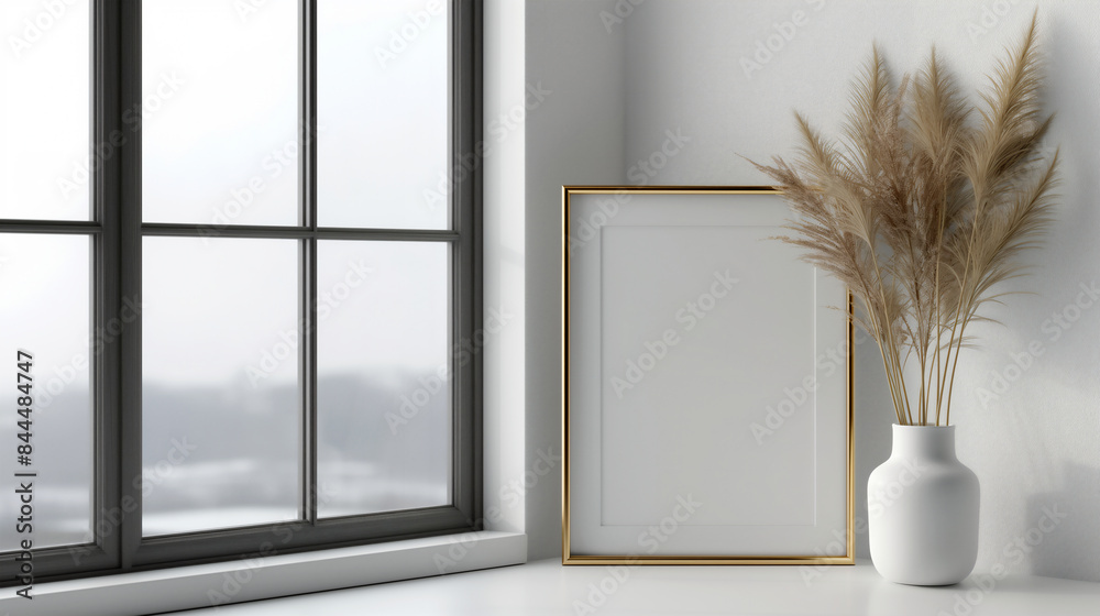 Mockup of an empty white frame with gold edges on the windowsill in front of a large window. Mockup of an empty white frame with gold edges on the windowsill in front of a large window.