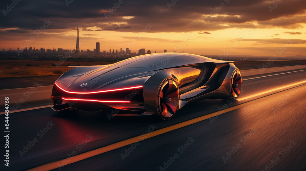 Naklejka premium Futuristic sports car on highway at sunset, symbolizing modern design and luxury