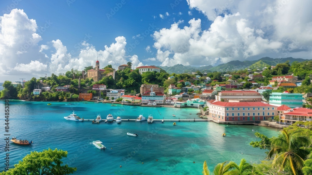 Fototapeta premium View of Saint George's harbor, capital of Grenada island AI generated