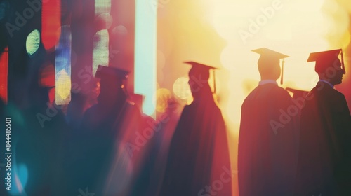 Silhouetted graduates standing with colorful lights in the background, creating a celebratory and inspiring scene. The vibrant lighting adds a festive and joyful atmosphere to the image. photo