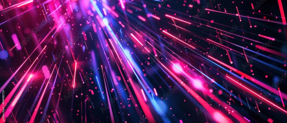 Naklejka premium Abstract neon light trails in shades of pink, blue, and purple, creating a dynamic and energetic visual effect. The vibrant colors and motion convey a sense of excitement and modernity.