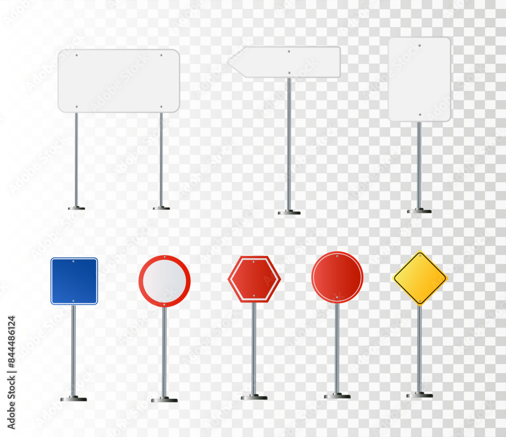 Road, traffic signs. Highway signboard on metal pole. Blank white board with place for text. Directional signage and way finder. information sign vector mockup. Road, traffic signs. Highway signboard on metal pole. Blank white board with place for text. Directional signage and way finder. information sign vector mockup.