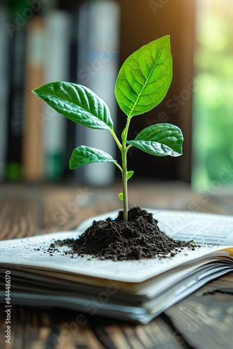 Green seedling growing from documents, office background, side view