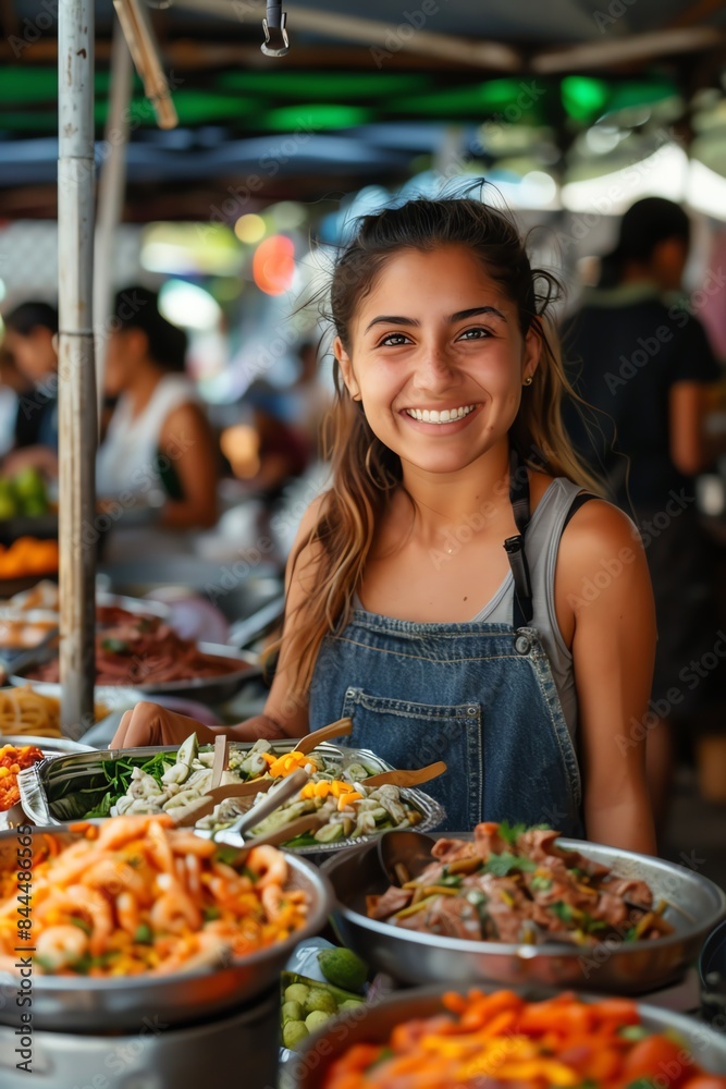 Smiling woman serving food at a lively outdoor market Smiling woman serving food at a lively outdoor market