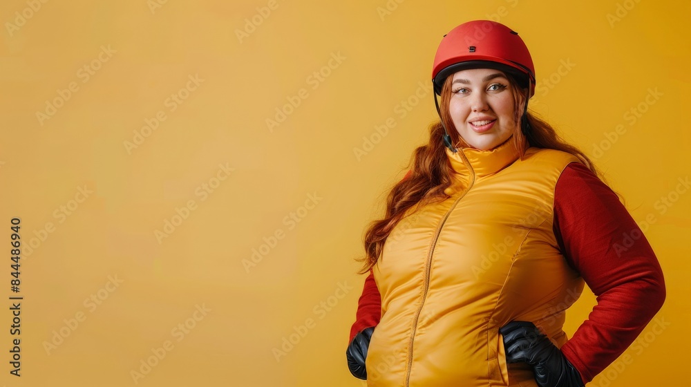 A plus size model poses in a yellow vest and red helmet