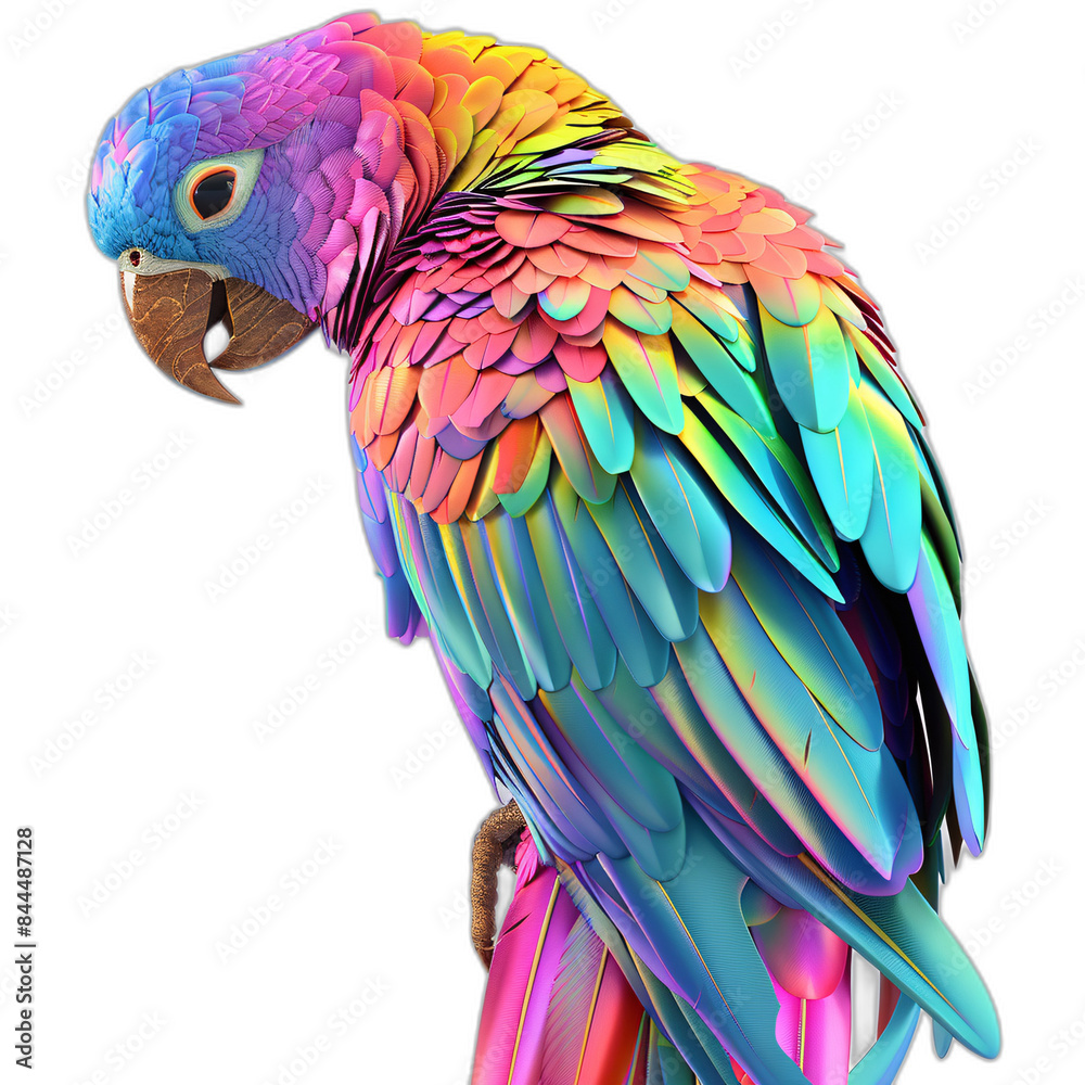 Fototapeta premium A vibrant 3D parrot with colorful feathers and a curved beak, perched on a white background