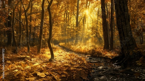A peaceful forest glade illuminated by dappled sunlight filtering through the canopy of golden leaves, with a carpet of fallen foliage and a babbling brook adding to the tranquility of the scene.