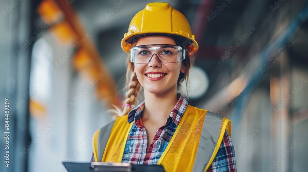 An upbeat female construction worker wearing safety goggles and a helmet, holding a clipboard and smiling at the camera. 