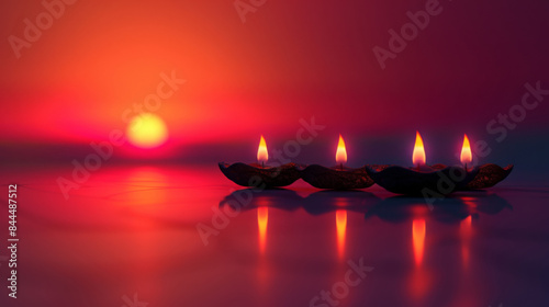 minimalist background featuring simple silhouettes of traditional oil lamps (diyas) against a smooth gradient background, capturing the essence of Diwali with clean lines and warm tones photo