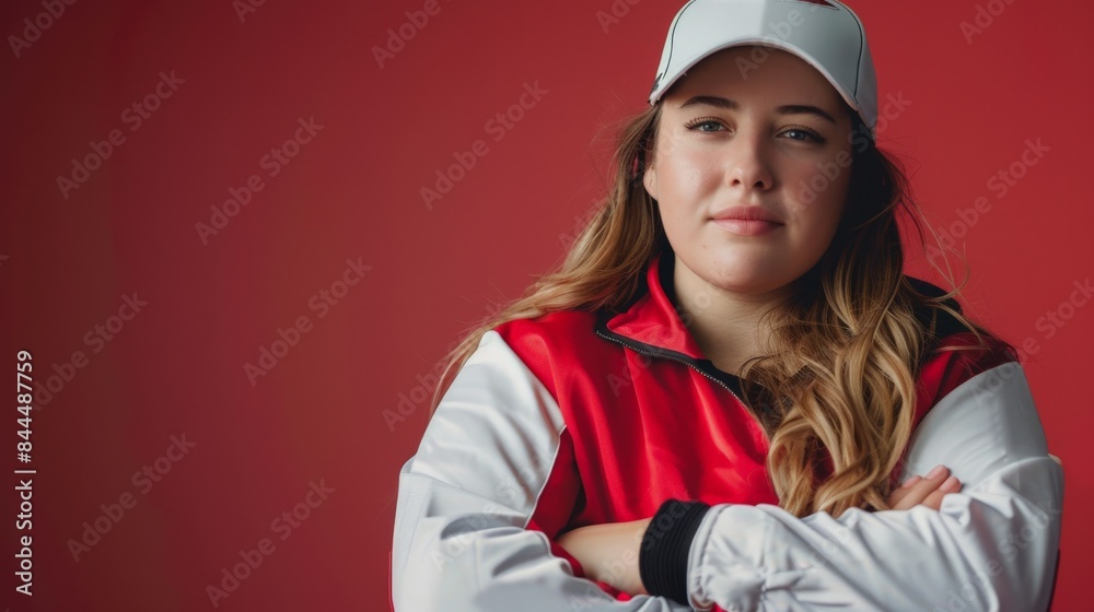 A confident, beautiful woman with a chubby figure poses in a red jacket against a vibrant red background A confident, beautiful woman with a chubby figure poses in a red jacket against a vibrant red background