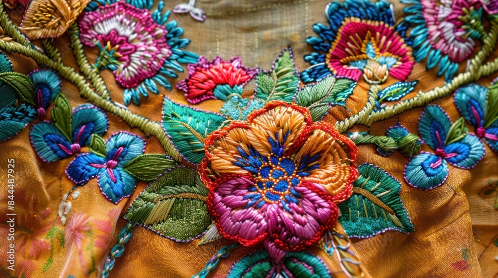 Obraz premium Capture the allure of artisanal craftsmanship with a captivating stock photo featuring an embroidered neckline design embellished with an exquisite needlework floral composition.