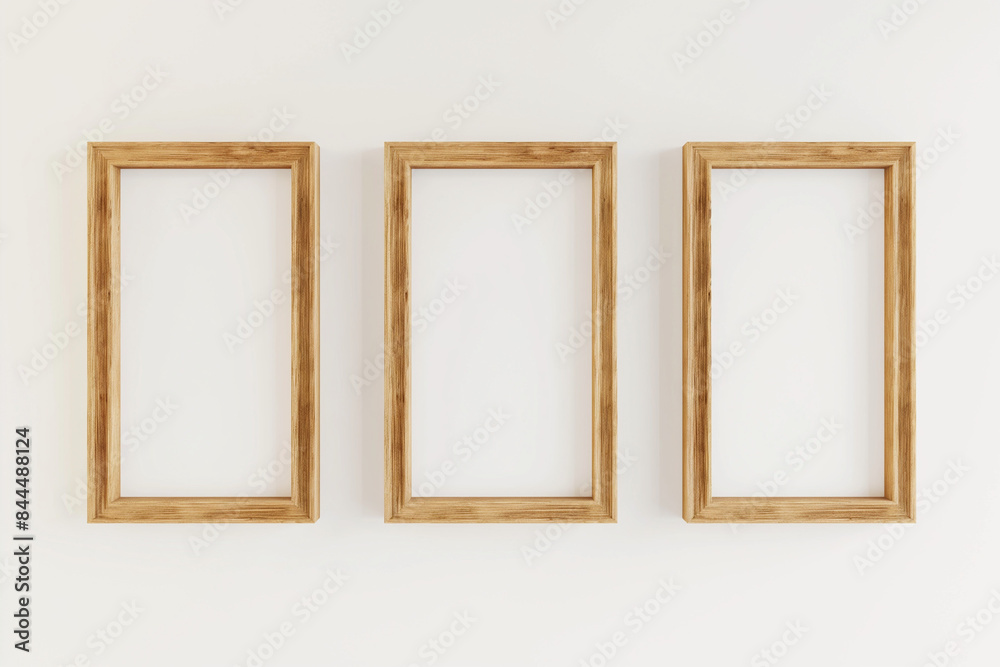 frames on the wall, A 3D rendering of a minimalistic interior featuring three wooden frames arranged symmetrically on a pristine white wall