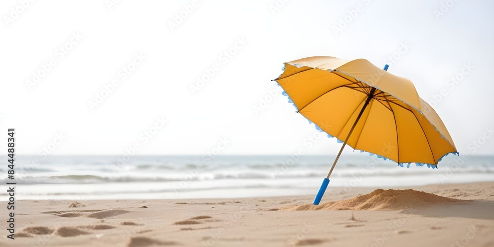 A umbrella on a sandy beach with a blurred background